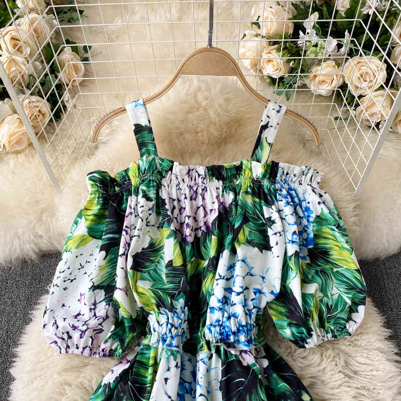 est Floral Print Knee-length Vacation Dress Sexy Off shoulder Puff sleeve Elastic waist A-line Hydrangea Green 210525