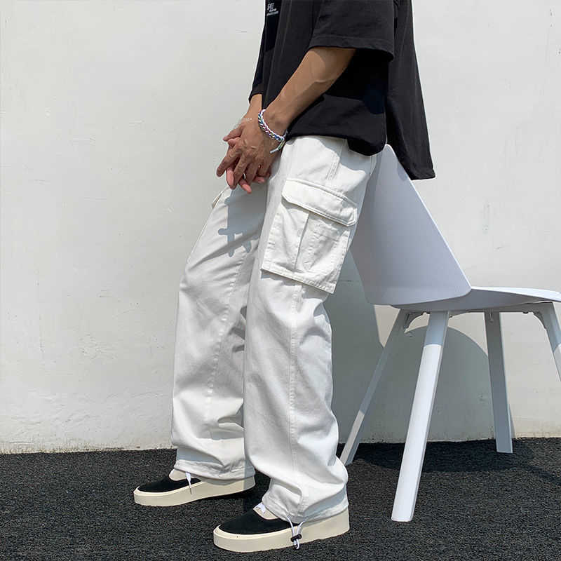 Autumn Casual Pants Men's Fashion Outdoors Straight Wide Leg Black White Multi-pocket Hip Hop Tooling Work Jeans Loose Trousers 211009