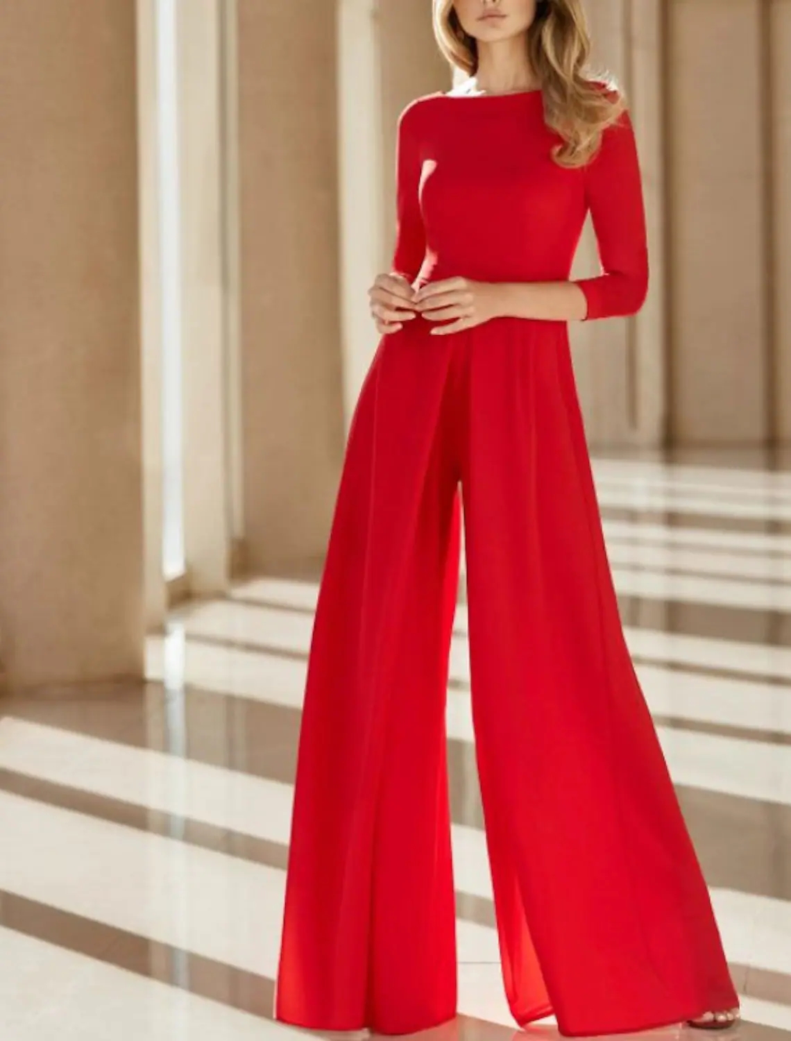 Red Jumpsuits Open Back Evening Dress 2022 Jewel Neck Floor Length Chiffon Prom Formal Gown Robes De Soirée Vestidos