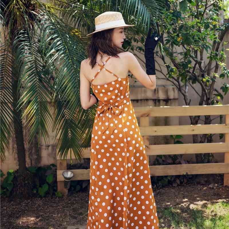 Bohemian Split Women Dress Summer Dot Print Single Breasted Sleeveless Camis Vestidos Cross Knot Backless Female Robe 210421