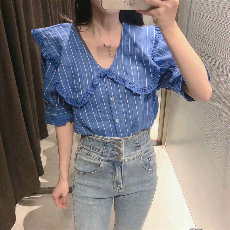 Za Retro Blue Striped Shirt Women Short Puff Sleeve Openwork Embroidery Blouse Female Fashion Button Up Summer Top 210602