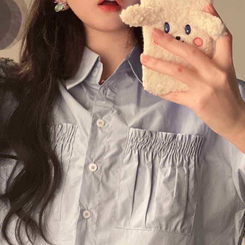 High Waist Short Women Blouse Causal Pleated Pockets Shirt Summer Sleeve Turn-down Collar Crop Tops 6G835 210603