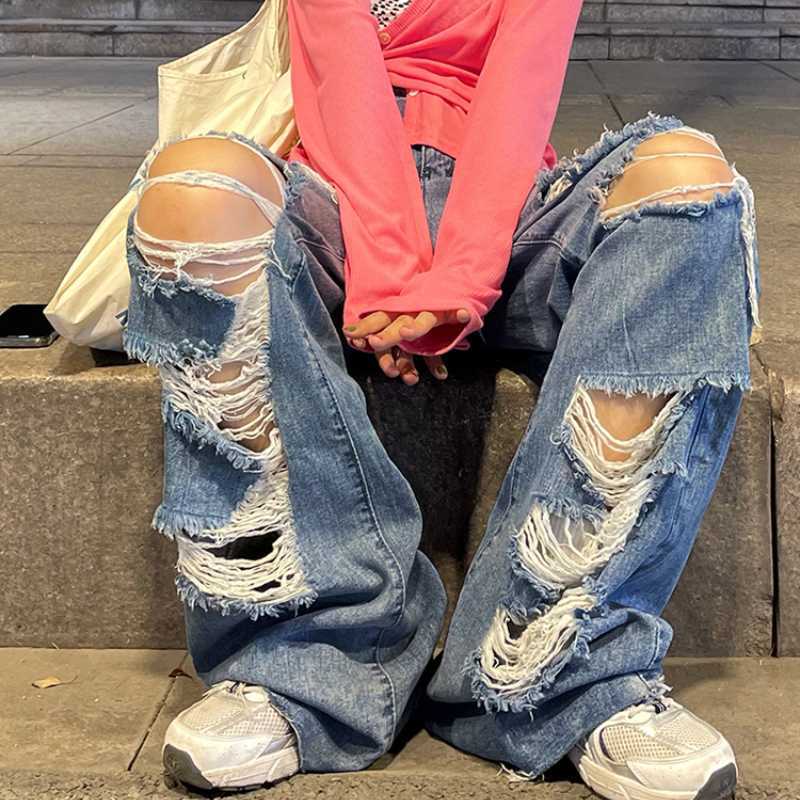 Spring And Autumn women's ripped jeans high waist loose straight pants wide leg Y2K street 210922