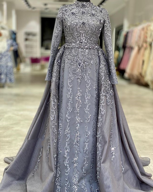 2022 Plus Size Arabic Aso Ebi Grey Luxurious Muslim Prom Dresses Lace Beaded Vintage Evening Formal Party Second Reception Gowns Dress ZJ420