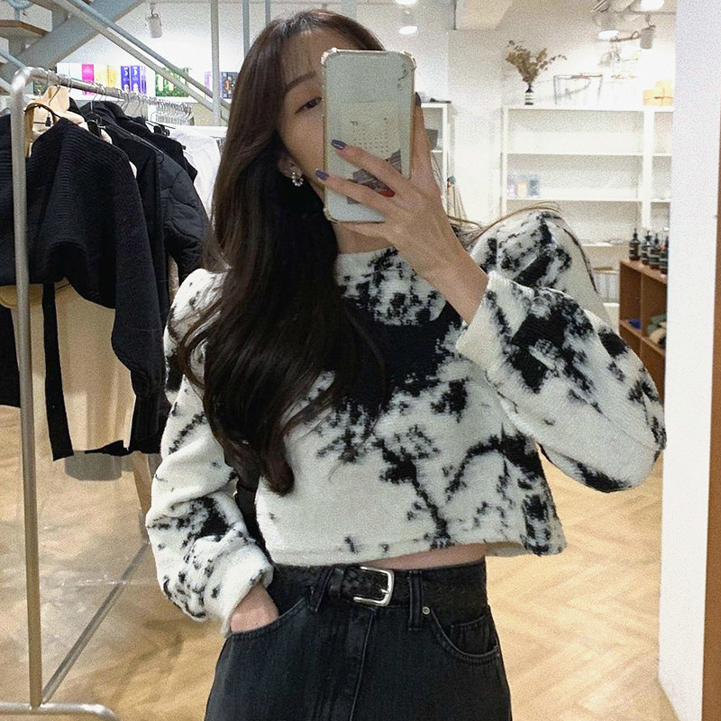 Nomikuma Korean Ink Tie-dye Printing Pullover Short Sweatshirt Long Sleeve O-neck Hoodies Autumn Winter Women Jumper 6D438 210427