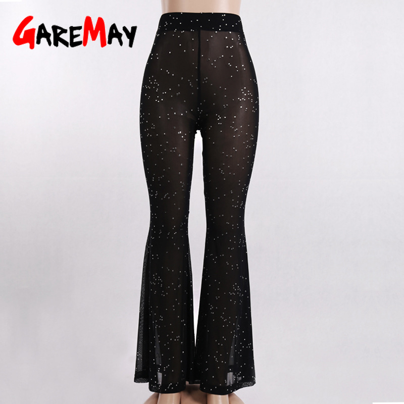 Crystal Diamond Mesh Pants for Women Sexy High Waist Pearls Patchwork Hollow Out Transparent Long Fishnet 210428