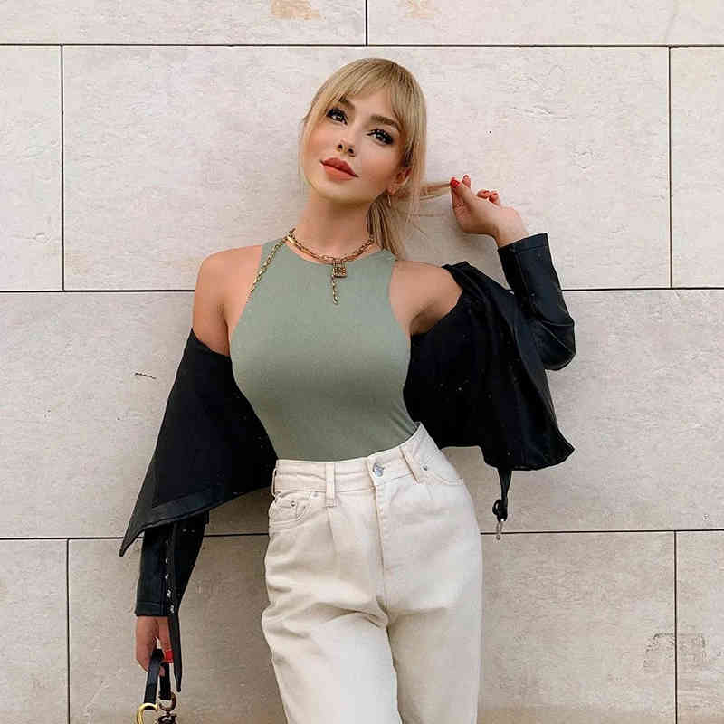 Sexy Women Bodycon Slim Elastic Khaki Bodysuit Fashion Elegant Ladies Casual Club Party Sleeveless Bodysuits Femme Tops 210521