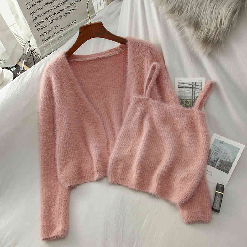 Kimutomo Korean Style 2 Piece Sets Womens Outfits Solid V-neck Long Sleeve Cardigan and Short Sling Spring Elegant Casual 210521