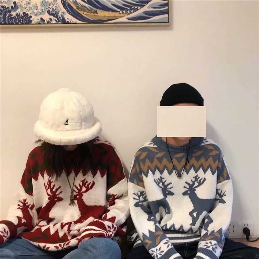 Couple Christmas Sweater Men and Women New Korean Style Loose Elk Sweater Coat Autumn and Winter Fashion Clothes Kobieta Swetry Y0907