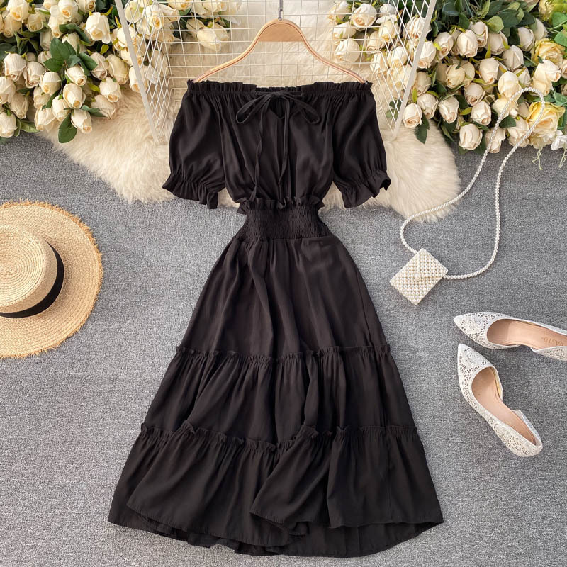 Summer Dresses Solid A-line Short Sleeve Beach Style Sweet Korean Off Shoulder Dress Bow Vestidos High Waist Robe 210519