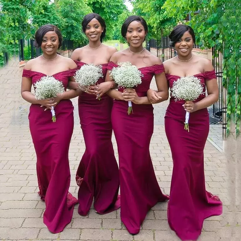 Bury Bridesmaid Dresses Off The Shoulder Chiffon Plus Size Lace Applique Floor Length Custom Made African Maid Of Honor Gown Country Wedding Party Ves