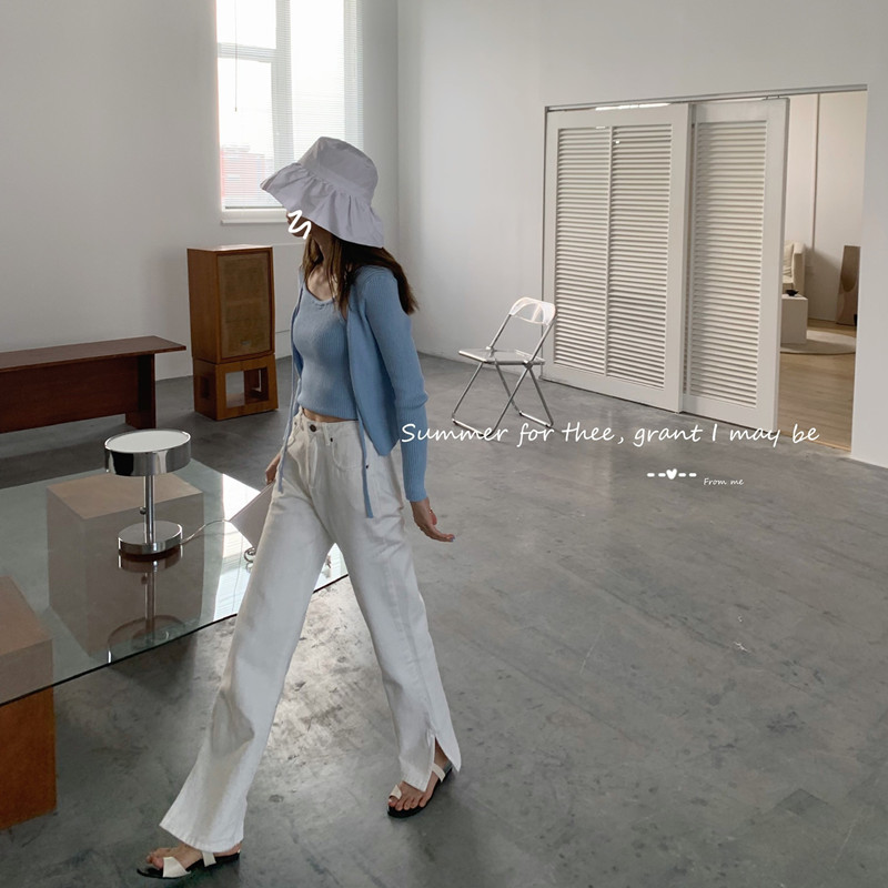 SML summer korean style loose women long White denim pants high waist Side Split jeans for womens (N0077) 210423