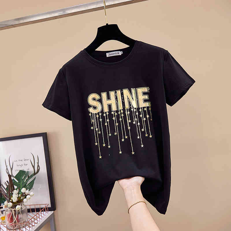Female short-sleeve t-shirt loose large size 200g summer new women's clothing plus fertilizer to increase half-sleeve tops 210406