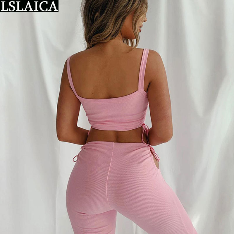 2 Piece Sets Womens Outfits Pink Tank Top&long Pants Drawstring Lacing Up Two Set Hollow Out Sexy Bodycon Conjunto Mujer 210520