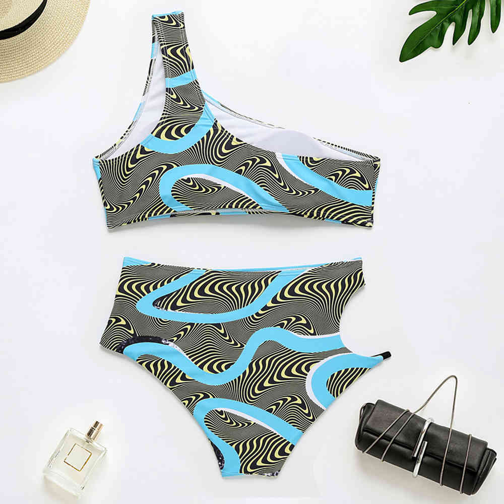 Sexy One Shoulder Bikini High Waist Swimsuit Women Hollow Out Swimwear Female Two Pieces Set Print Bathing Suits 210521