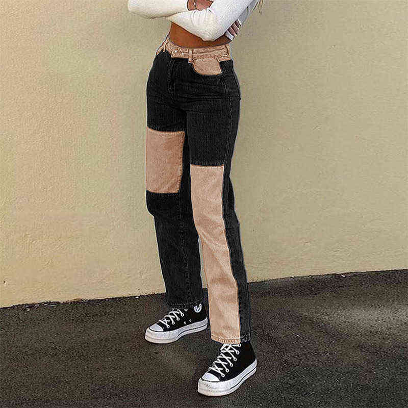 Fashion Patchwork Skinny Straight Jeans Women High Waist Pocket Sexy Color Block High Street Long Grey Denim Pants 211112