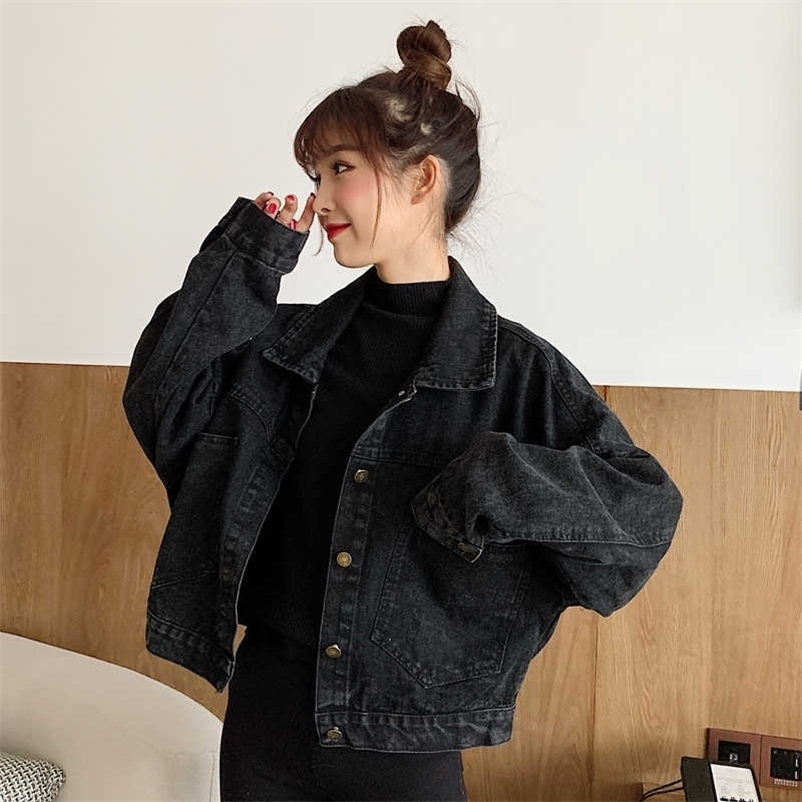Black Denim Short Jackets Women Loose Single Breasted Button Pockets Korean Style Chic Retro Harajuku Casual Streetwear Womens 210804