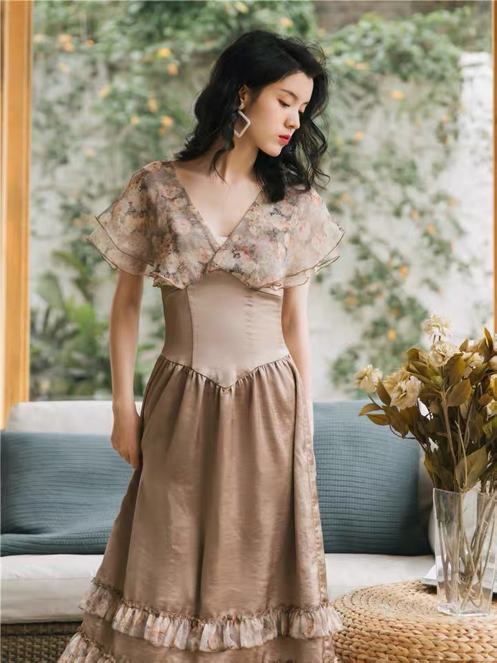 vintage vesdios long dresses ruffles floral print v neck butterfly sleeve summer party patchwork high waist 210421
