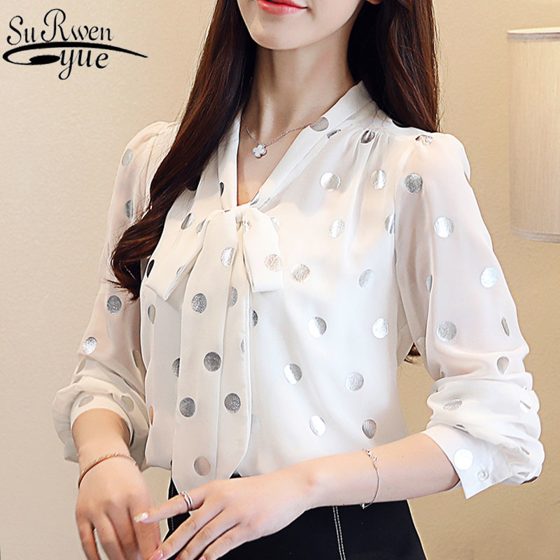 Blouse women spring white long sleeve shirts for tops bow chiffon blouse Polka Dot V-Neck blusas femininas 7960 50 210427
