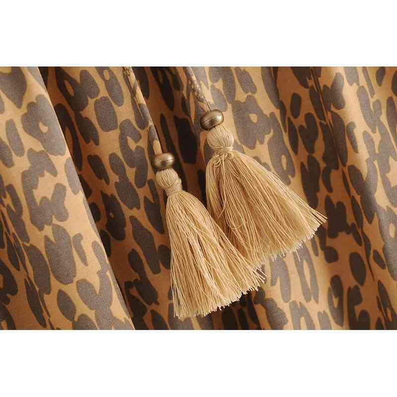 Bohemia Leopard Print Long Skirt Spliced Ruched Ruffle Hem Hippie Women Tassel Tie Bow Swing Skirts Holiday Beach 210429