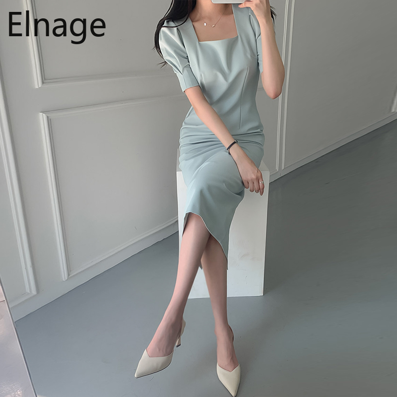 Korean Style Chic Slim Square Collar Pleated Bubble Short Sleeve Wrap Hips Dress Women A Line Long Summer Dresses White 5B284 210429