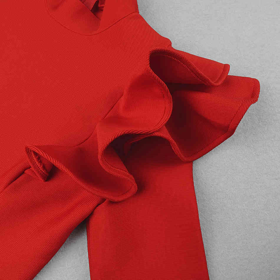Free Women Red Midi Bandage Dress Elegant O Neck Long Sleeve Ruffle Bodycon Celebrity Club Party Vestido 210524