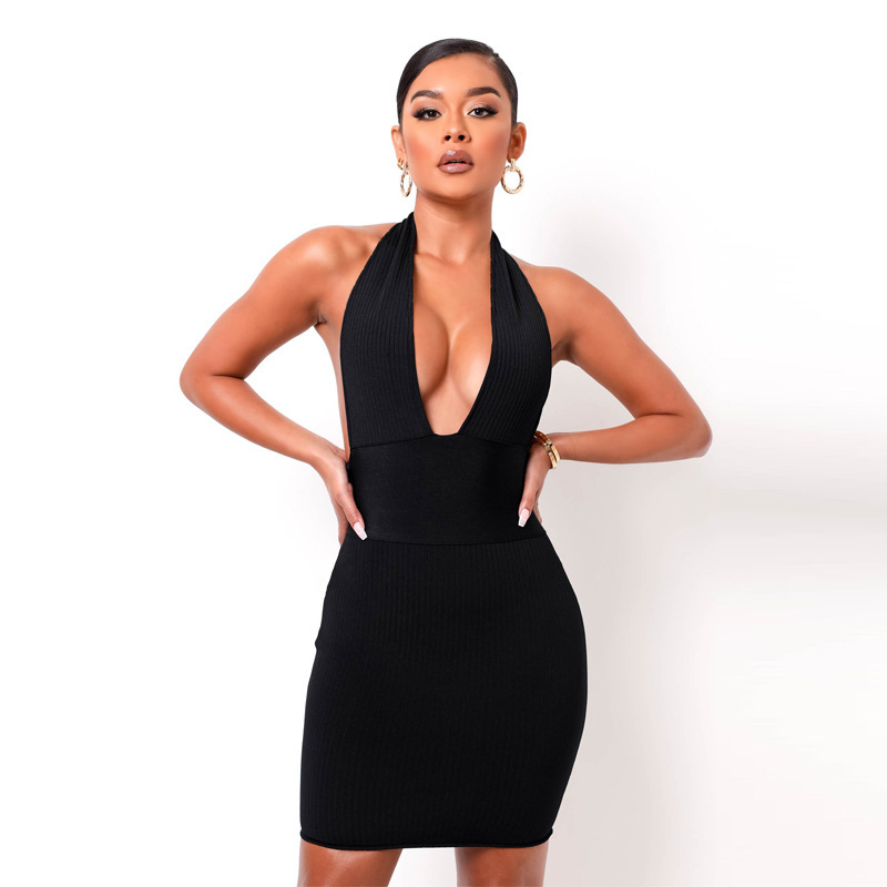 Women Halter Solid Deep V-Neck Ribbed Backless Patchwork Midi Dress Summer Sexy Sleeveless Club Party Package Hips Bodycon 210522