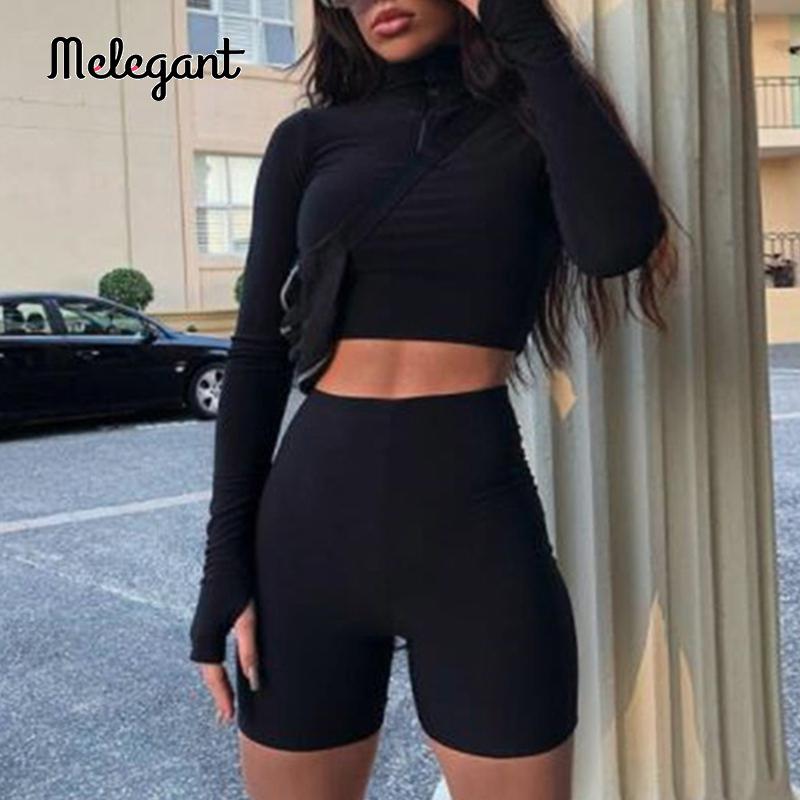 Melegant Sexy Silm Zipper Lapel Women Short Set Casual Long Sleeve Solid Sports Style Suit Spring Autumn Fashion Sportswear 2021 Two Piece D
