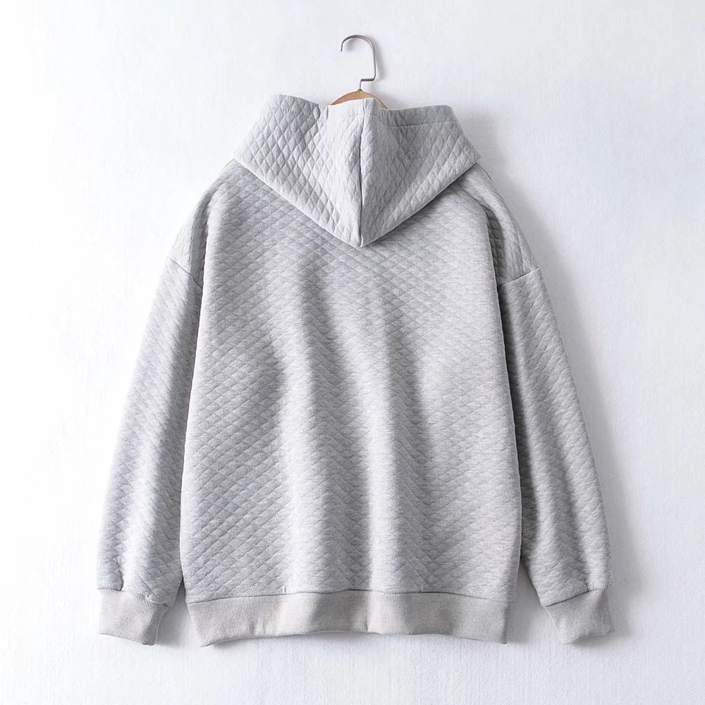 2 Pieces Set Streetwear Quilted Plaid Hooded Sweatshirt Front Pockets Women Hoodies Elastic Waist Sport Pants Causal Jumper Gray 210429