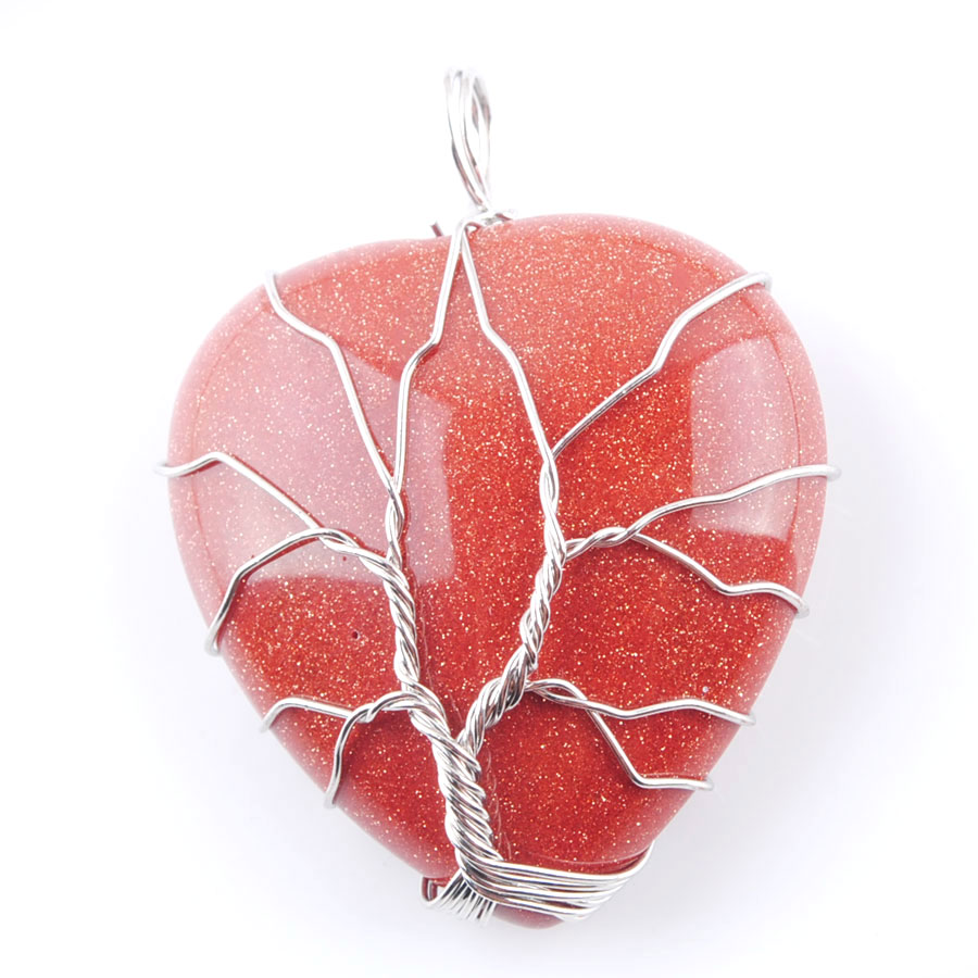 WOJIAER Silver Color Tree of Life Wire Wrap Pendant Necklace Natural Aventurine Amethyst Gem Stone Heart Bead Jewelry DN362