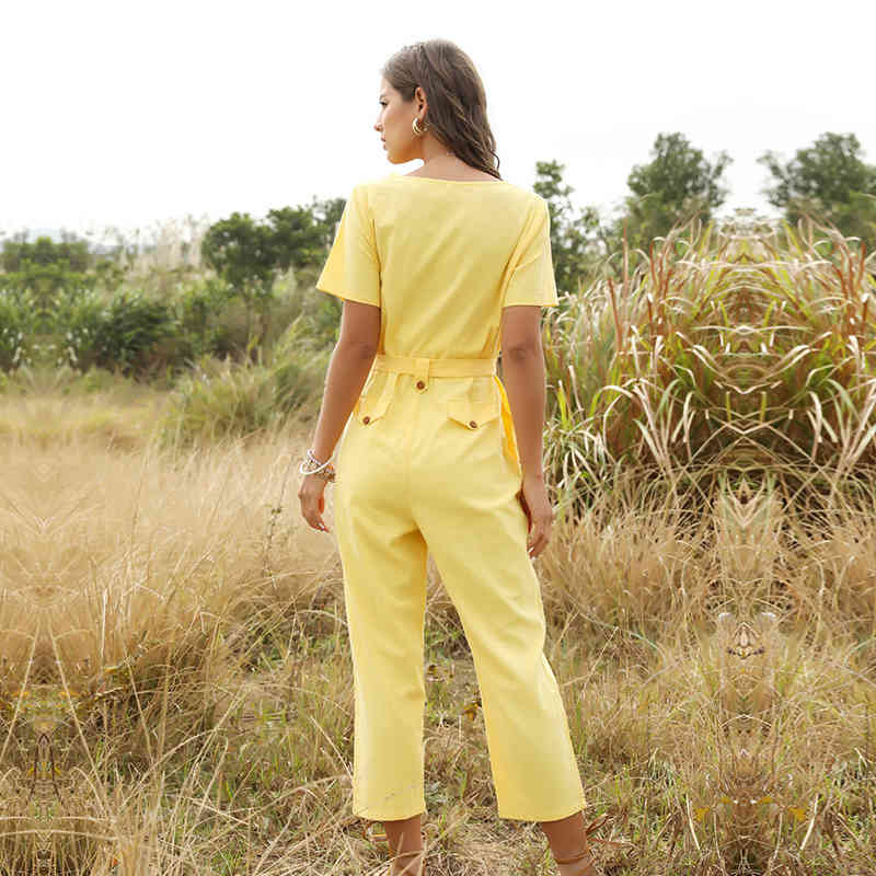 Spring Summer Fashion Short Sleeve Jumpsuits Women Cotton Solid Ankle-length Pants Single Breasted Streetwear Jumpsuits New 210413