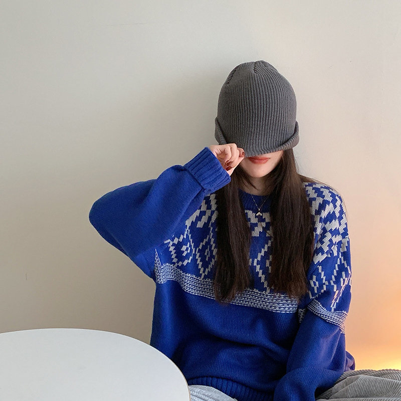 Blue Color-Hit Patchwork Chic Gentle Thicken Christmas Fashion Streetwear Outwear Knitted Vintage Sweaters 210421