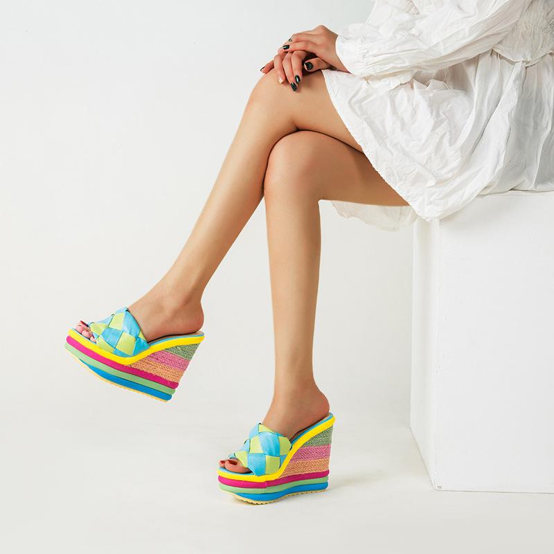 Sandals 2021 Summer Platform Wedge For Women's With Lovely Ainbow Color Weave Fish Mouth High Heels Shoes