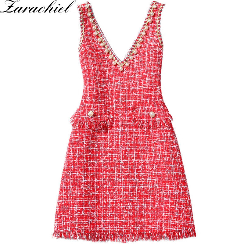 Year Brand Clothing Spring Tweed Wool Women Sleeveless V Neck Beaded Pearl Tassel Christmas Red Plaid Vest Dress 210416
Year Brand Clothing Spring Tweed Wool Women Sleeveless V Neck Beaded Pearl Tassel Christmas Red Plaid Vest Dress 210416