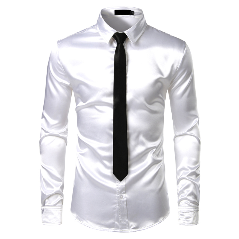2pcs Silver Silk Shirt+Tie Mens Satin Smooth Tuxedo Shirts Casual Button Down Men Dress Shirts Wedding Party Prom Chemise Homme 210410