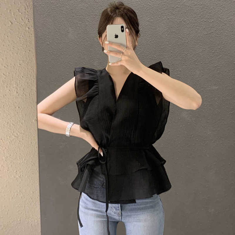 Korejpaa Women Shirt Summer Korean Chic Gentle Temperament Cross V-Neck Ruffle Stitching Lace-Up Waist Blouses 210526