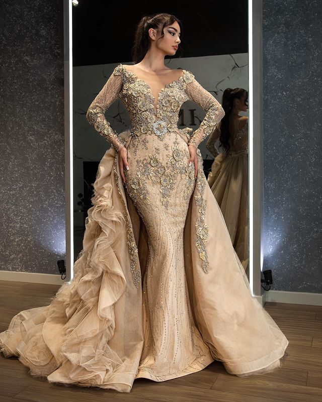 Plus Size Arabic Aso Ebi Luxurious Mermaid Sexy Prom Dresses Lace Beaded Sheer Neck Evening Formal Party Second Reception Gowns Dress ZJ186