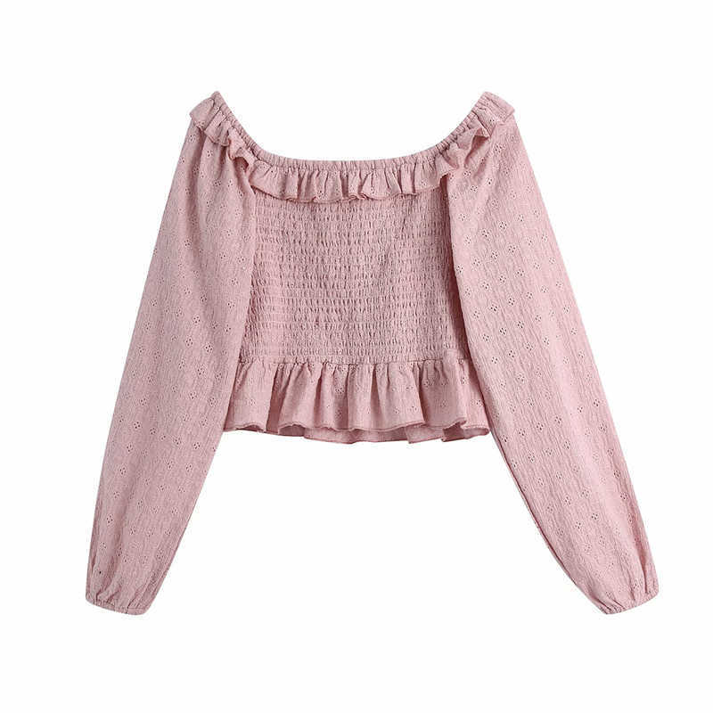 Sweet Women Solid Elastic Short Shirts Fashion Ladies Ruffles Square Collar Blouses Elegant Female Hollow Out Shirt 210527