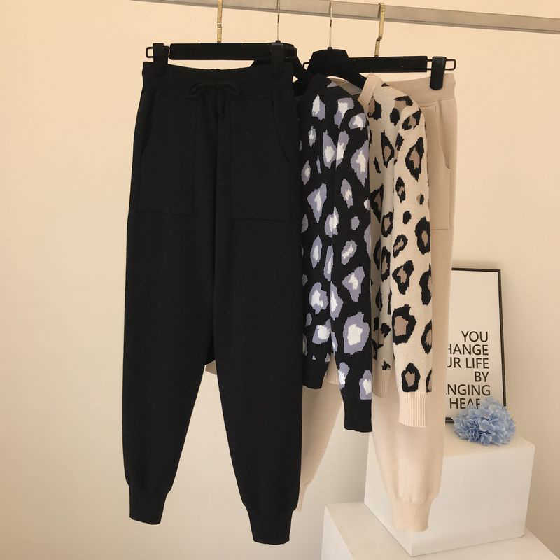 Women Knit Leopard Pullover Sweaters+Pants Sets Woman Fashion Jumpers Trousers 2 PCS Costumes Outfit 210709