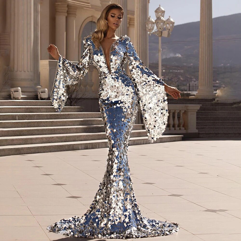 Sexy Sequined Mermaid Prom Dresses Arabic Poet Long Sleeves Evening Gown Deep V Neck Plus Size Formal Party Dress, Grape
Sexy Sequined Mermaid Prom Dresses Arabic Poet Long Sleeves Evening Gown Deep V Neck Plus Size Formal Party Dress, Grape