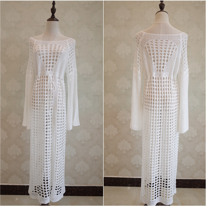 Crochet Tunic Beach Dress Cover-ups Summer Women Beachwear Sexy Hollow Out Knitted Swimsuit Cover Up Robe de plage #Q716 210420