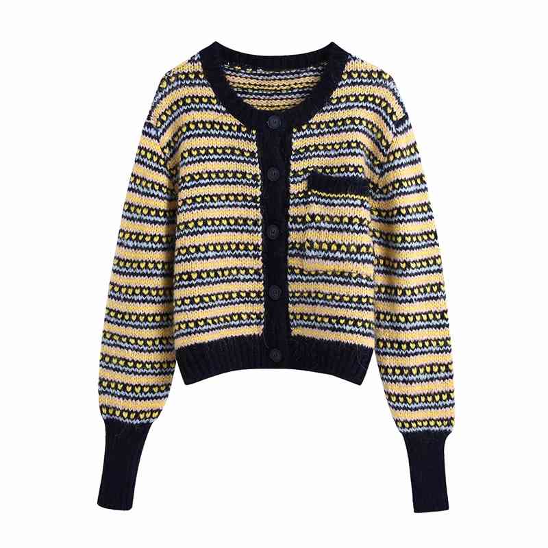 Vintage Women Striped Sweaters Fashion Ladies O-Neck Pocket Knitted Coats Streetwear Female Chic Button Cardigans 210430