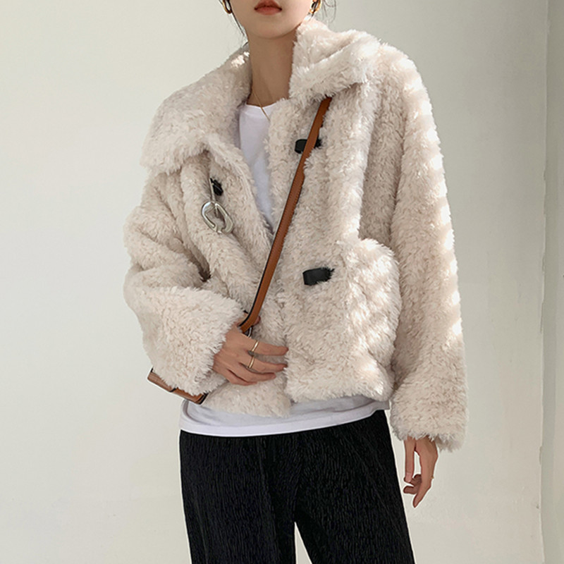 Autumn Winter OL Single-breasted Faux Rabbit Fur Jacket Women Outwear Solid Loose Lapel Thick Warm Plush Coat Female 210421