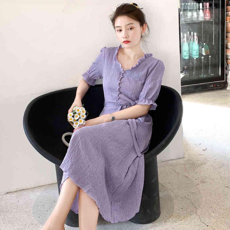 Dress Women's Solid A Line Summer Medium-Length es Purple Vestidos Vintage Puff Short Sleeve Midi Women 9828 210508