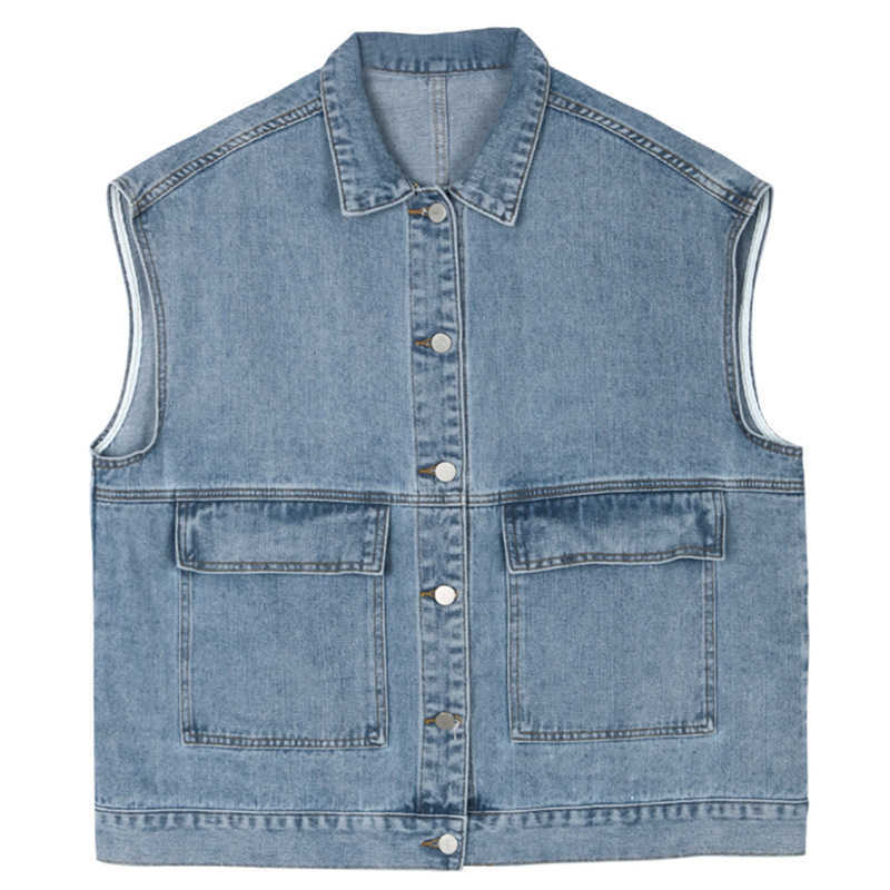 Denim Vest for Women Large Plus Size Jean Waistcoat Female Sleeveless Coat Spring Autumn Casual Streetwear Jacket Light Blue 210819
