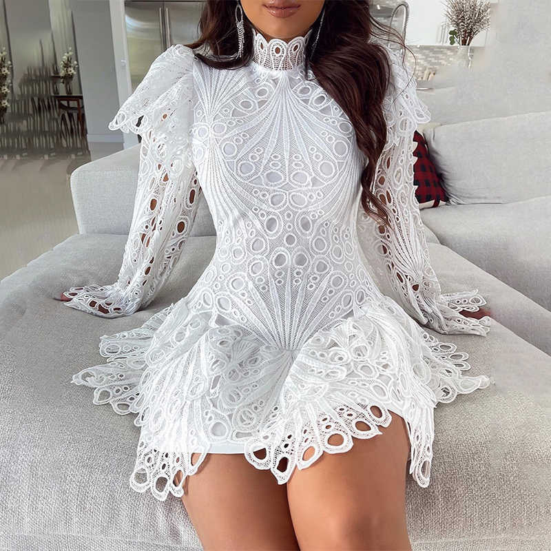Fashion Clubwear Women Sexy Lace Mini Dress Female Mini Crochet Hollow-out Flare Sleeve Lady Party Dress 210716