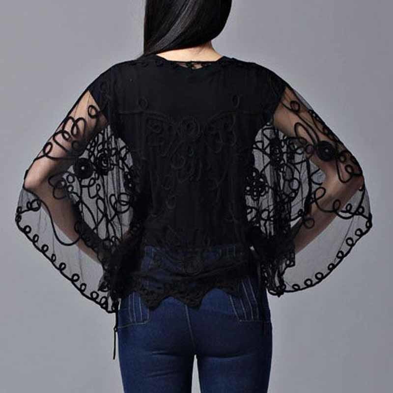 Summer Fashion Women Batwing Sleeve Blouses Loose Plus Size Hollow Lace Shirt Cardigan 's Clothing Blusas 803J 210518