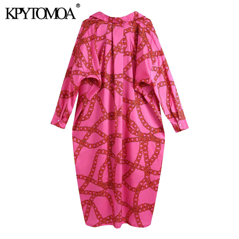 Women Chic Fashion Oversized Chain Print Midi Dress Long Sleeve Soft Touch Female Dresses Vestidos Mujer 210420