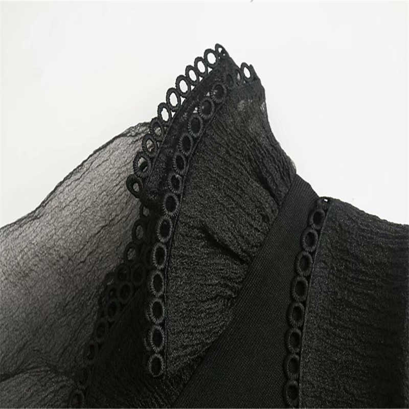 Za Organza Knit Blouse Women Transparent Long Puff Sleeve Ruffle Black Top Female Chic Back Opening Vintage Shirts 210602