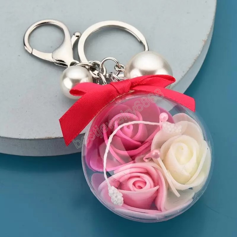 Fashion women Transparent Acrylic Ball Pendant keychains simulation rose flower Charms Pearl Lovely car bag Keychain Accessories